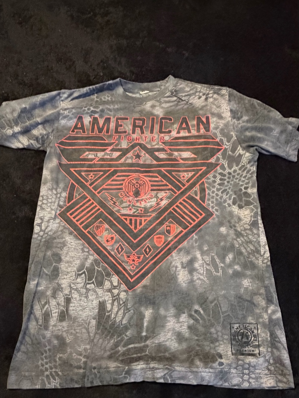 American Fighter Gray Tie-Dye Tee with Red Graphic Emblem